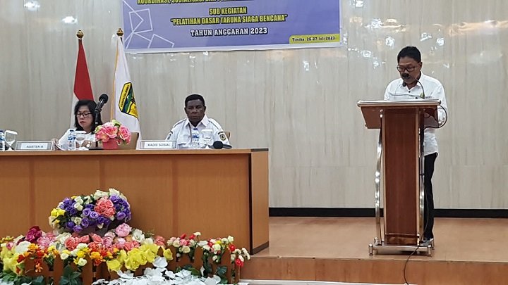 Laporan ketua panitia yang dibacakan oleh Drs Anwar Kadir, M.Si pada pembukaan Koordinasi, Sosialisasi dan pelaksanaan Taruna Siaga Bencana dengan Sub kegiatan Pelatihan Taruna Siaga Bencana.