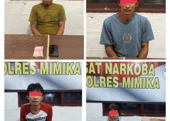 Empat Pelaku Pengedar Narkoba yang Dibekuk oleh Satuan Resnarkoba Polres Mimika Kamis, 20 Juli 2023 (Foto: Ist/Koranpapua.id)