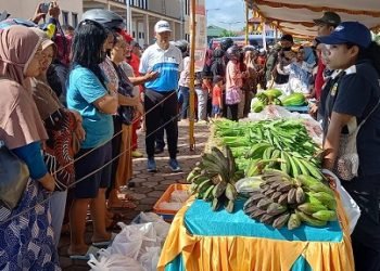 Pj. Bupati Valentinus S. Sumito memantau pasar murah di Eme Neme Yauware, Jumat 28 Juli 2023. (Foto : Redaksi/Koranpapua.id)