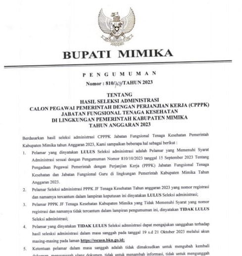 2.261 Pelamar di Mimika Dinyatakan Lolos Seleksi Administrasi CPPPK Tahun 2023