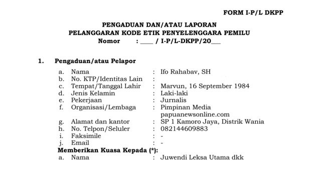 Ifo Rahabav, Jurnalis Papuanewsonline.com Adukan Lima Komisioner KPU Mimika ke DKPP