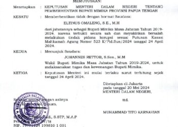 Pemkab Mimika Belum Terima Surat Pemberhentian Bupati Eltinus Omaleng