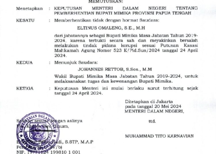 Pemkab Mimika Belum Terima Surat Pemberhentian Bupati Eltinus Omaleng