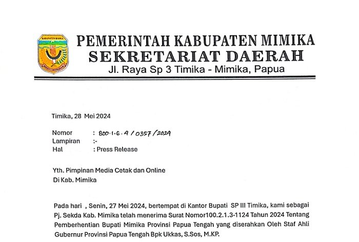 Pemkab Mimika Terima Surat Pemberhentian Eltinus Omaleng dari Jabatan Bupati Mimika