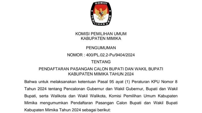 KPU Mimika Keluarkan Jadwal dan Syarat Pendaftaran Paslon Bupati dan Wakil Bupati Periode 2024-2029