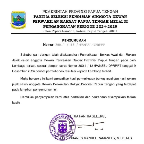 Seleksi Berkas Calon DPR Papua Tengah Jalur Pengangkatan, Pansel Umumkan 33 Nama, Empat dari Mimika