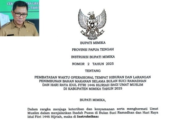Pj Bupati Mimika Terbitkan Instruksi Nomor 2 Tahun 2025, Berlaku Selama Bulan Ramadhan, Berikut Isi Lengkapnya