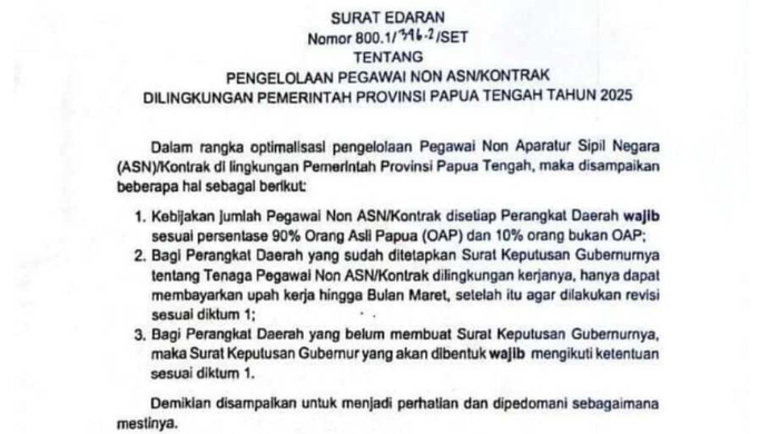 Gubernur Papua Tengah Terbitkan Surat Edaran, 90 Persen Pegawai Non ASN di Semua OPD Wajib OAP