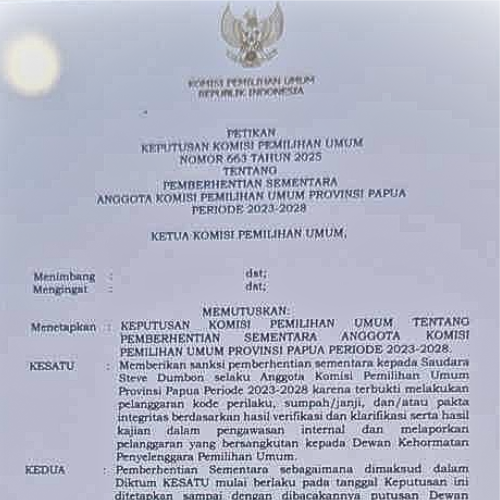 Ketua KPU Papua Steve Dumbon Diberhentikan Sementara