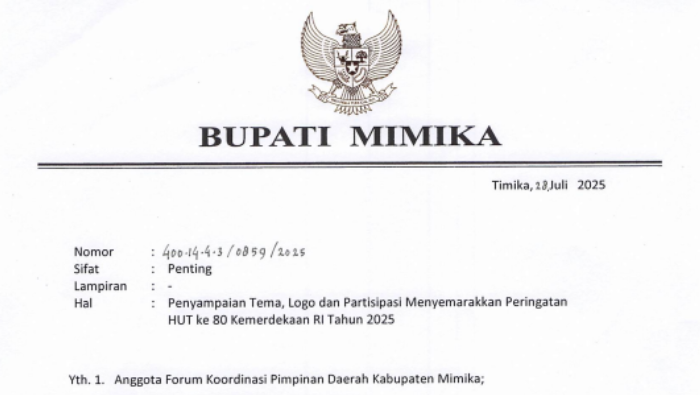 Sambut HUT Kemerdekaan RI ke-80, Bupati Mimika Keluarkan Tujuh Himbauan