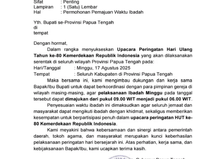 Perayaan HUT ke-80 RI Jatuh pada Hari Minggu, Pemprov Papua Tengah Surati Delapan Bupati