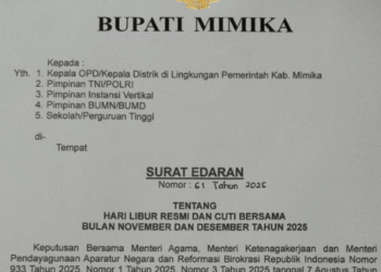 Pemda Mimika Umumkan Hari Libur Cuti Bersama Sepanjang November dan Desember 2025