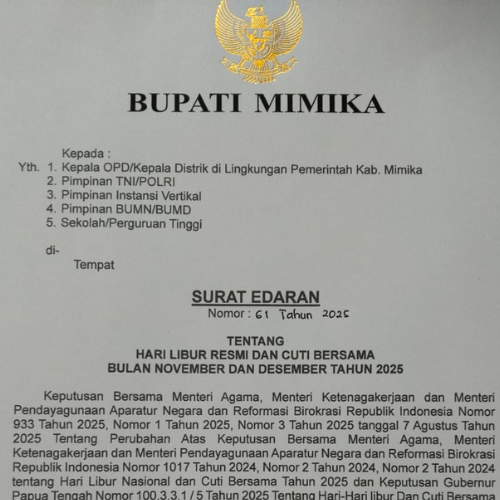 Pemda Mimika Umumkan Hari Libur Cuti Bersama Sepanjang November dan Desember 2025