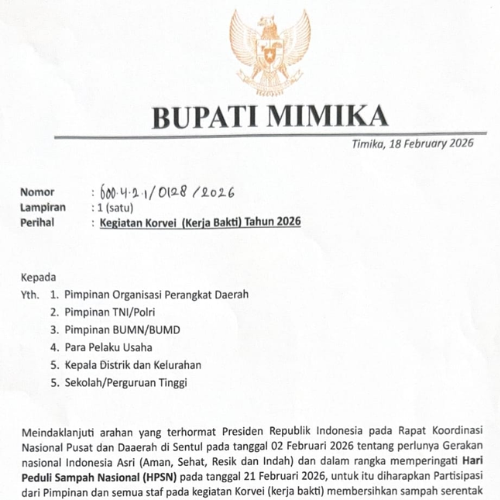 Peringati HPSN 2026, Bupati Mimika Instruksikan Seluruh OPD dan Masyarakat Korvei Lingkungan