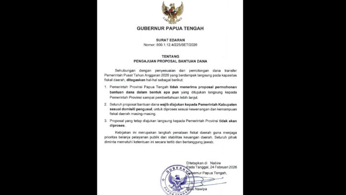 Dampak Pemotongan Transfer Pusat, Pemprov Papua Tengah Hentikan Menerima Proposal Bantuan
