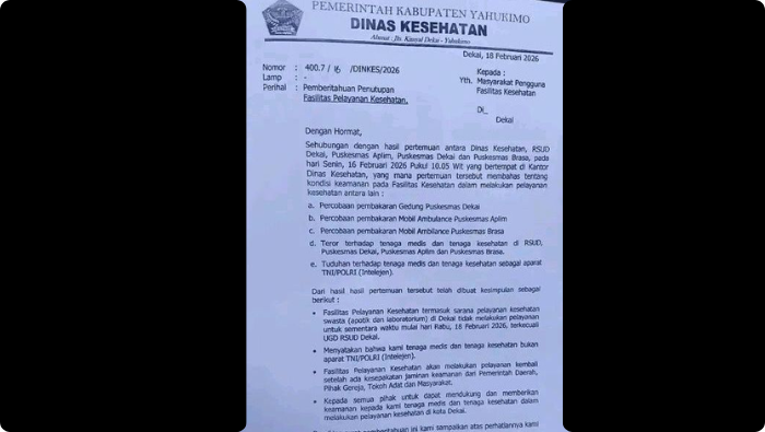 Minta Jaminan Keamanan, Fasilitas Kesehatan di Yahukimo Ditutup