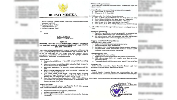Bupati Mimika Terapkan Kerja Fleksibel ASN Selama Perayaan Nyepi dan Idul Fitri 1447 Hijriah