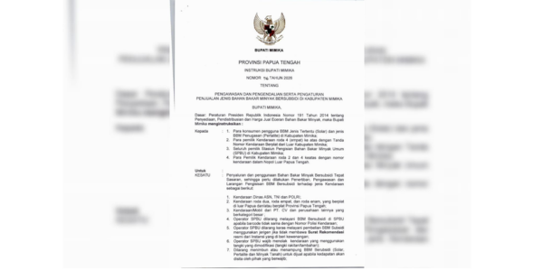 Bupati Mimika Keluarkan Instruksi Nomor 56 Tahun 2026, Kendaraan Dinas ASN-TNI-Polri Dilarang Isi Pertalite dan Biosolar
