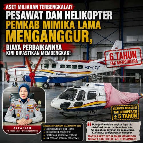 Pesawat dan Helikopter Pemkab Mimika Lama Menganggur, Biaya Perbaikannya Kini Dipastikan Membengkak
