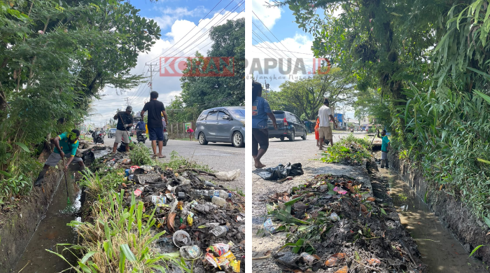 Sambut HUT Ke-81 RI: Warga Kelurahan Kwamki Baru Kompak Bersihkan Drainase dan Jalan Lingkungan