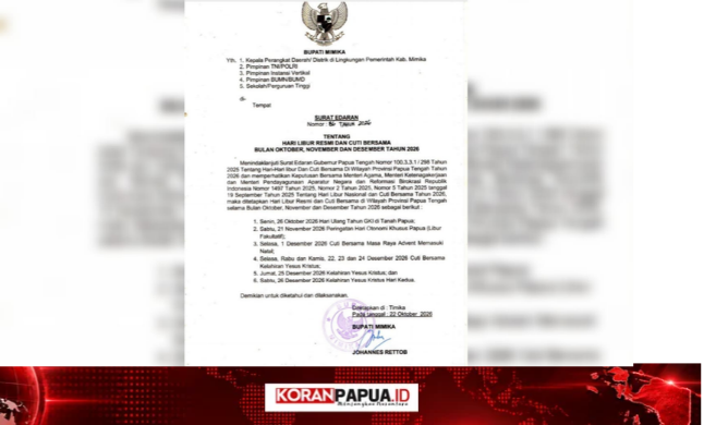 Pemkab Mimika tetapkan Jadwal Libur dan Cuti Bersama Mimika Oktober–Desember 2026